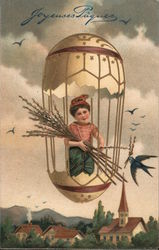 joyeuses paques - child holding stalks in a floating decorated egg in the sky With Children Postcard Postcard Postcard