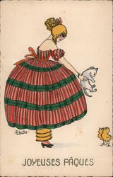 Joyeuses Paques - Girl with Cat, Chicks Postcard
