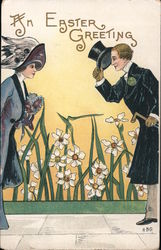 An Easter Greeting - A Man Tipping His Hat to a Woman Postcard