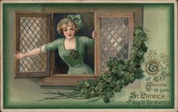 The Top of the Mornin' to you St. Patrick Day in the Mornin' - A Girl in Green in the Window Postcard