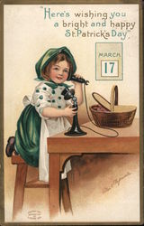 Here's Wishing You a Bright and Happy St. Patrick's Day - Girl on Telephone Postcard