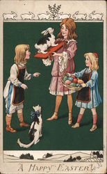 A Happy Easter-3 girls with bunny, cat and Easter eggs Postcard