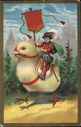 Young Noble boy riding a chick with 'Easter greetings' banner Postcard