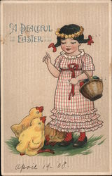 A Peaceful Easter - Girl with Chicks, Basket of Eggs Postcard