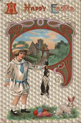 A Happy Easter - Girl with Bunnies and Eggs Postcard