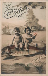 1er Avril: Children Riding Large Fish Postcard