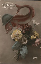 Fish With Helmet and Flowers: 1er Avril Postcard