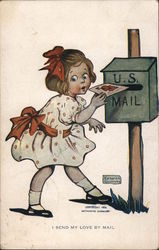 I Send My Love by Mail - Girl With Card at Mailbox Postcard
