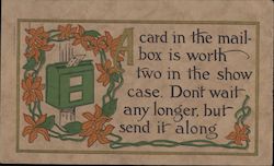 A card in the mailbox is worth two in the showcase. Mailbox surrounded by flowers on a vine Postcard