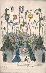 Grasshoppers surrounded by little houses with flowers growing out of them Postcard