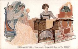 The Day Before - "How Lovely -- Every stitch done on the FREE" Sewing Machine Postcard