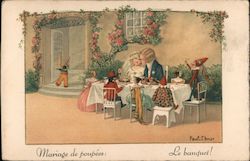 Bride and Groom sitting at table with Elves Postcard