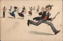 Man Running Away From Several Women with Babies Comic Postcard Postcard Postcard