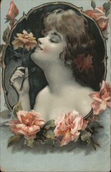 Nouveau Woman smelling flower Women Postcard Postcard Postcard