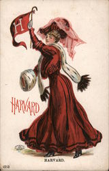 Female Harvard Student Waves a Harvard Flag Postcard