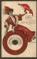 University of Wisconsin - Woman in Red Dress with College Flag and Seal Postcard