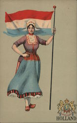Woman in traditional clothing with flag of netherlands Postcard