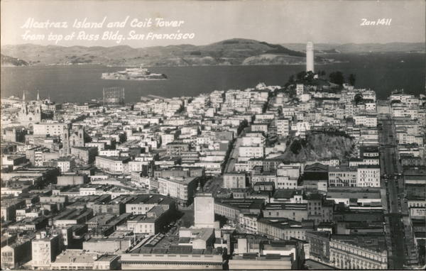 Alcatraz Island and Coit Tower from Top of Russ Bldg. San Francisco California