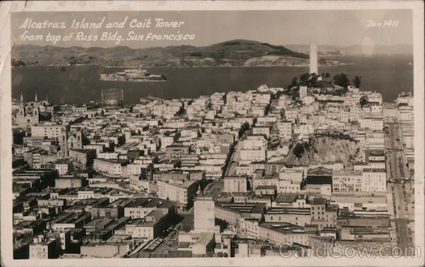 Alcatraz Island and Coit Tower from Top of Russ Bldg. San Francisco California