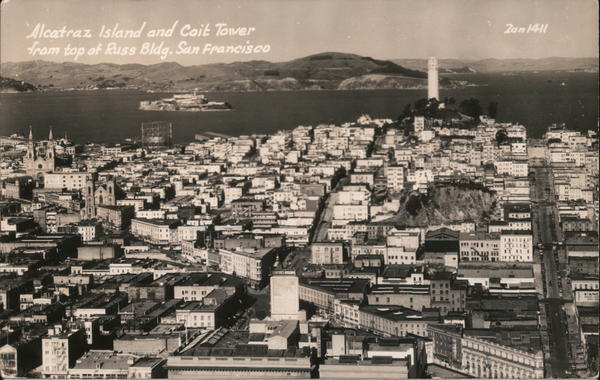 Alcatraz Island and Coit Tower from Top of Russ Bldg. San Francisco California