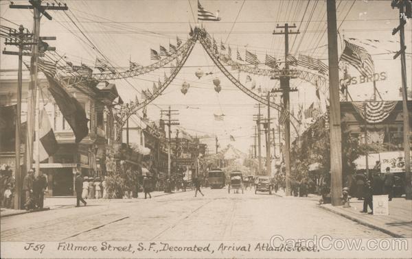 Fillmore Street Decorated, Arrival Atlantic Fleet J-59 San Francisco California