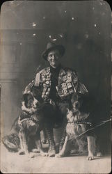 Studio Photo: A Man with Two Dogs, Political Buttonss Postcard