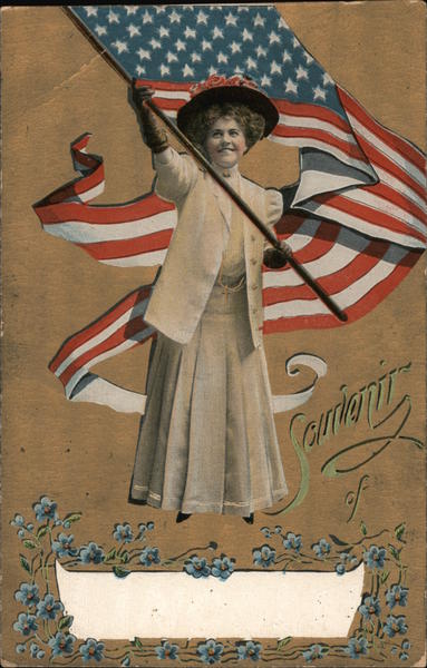 Souvenir of. Woman with flag. Write in city