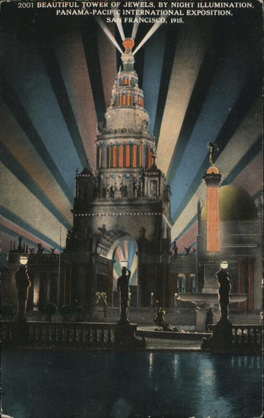 Tower of Jewels by night illumination Panama-Pacific International Exposition 1915 San Francisco California