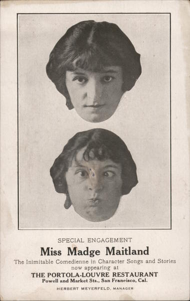 Comedienne Madge Maitland, Portola-Louvre Restaurant San Francisco California