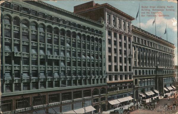 Market Street showing Pacific Building, Commercial Building and the Emporium San Francisco California