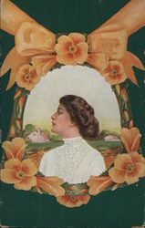 Woman in orange flower frame California Poppies Postcard