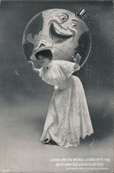 Woman with laughing globe on back. Laugh and the world laughs with you, week and the laughs on you. Postcard