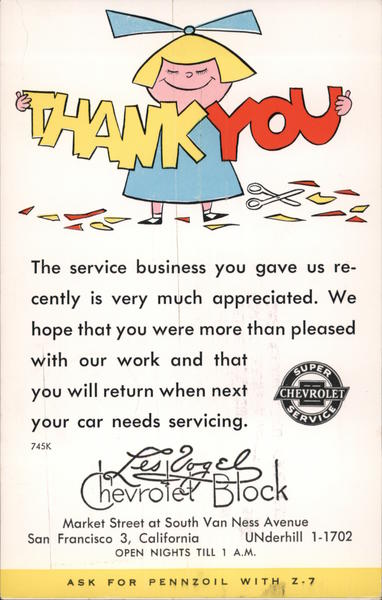 Les Vogel Chevrolet Block Thank You San Francisco California