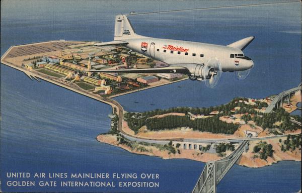 United Air Lines Mainliner Flying Over Golden Gate International Exposition San Francisco California