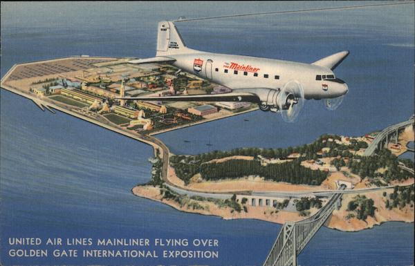 United Air Lines Mainliner Flying Over Golden Gate International Exposition San Francisco California
