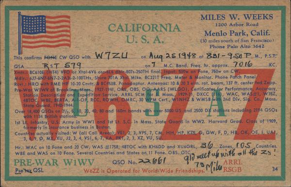 W6zz USA Pre-war W1SV Miles W. Weeks Menlo Park California