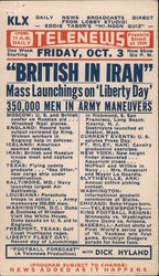 KLX Telenews "British in Iran", schedule of news topics, News added as it happens Postcard