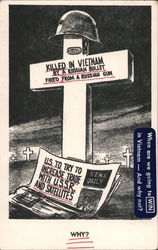 Why? Cross with soldier's helmet. Killed in Vietnam by a Russian bullet fired from a Russian gun. Postcard
