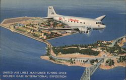 United Air Lines Mainliner Flying Over Golden Gate International Exposition Postcard