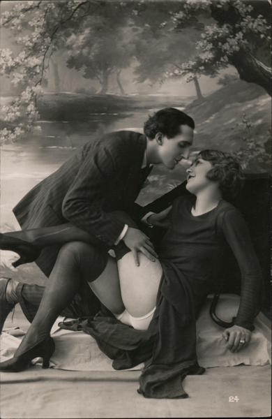 Man Seducing Woman - Exposed Legs Panties Stockings and Heels