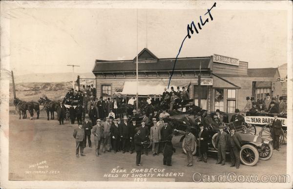 Bear Barbecue held at Shorty Roberts 1909 men posing at Sea Breeze Resort San Francisco California