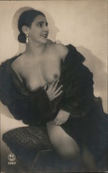 Elegant Woman Posing Topless with Fur Coat Postcard