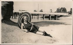 Smiling Woman Posing in Swimsuit with Umbrella Postcard