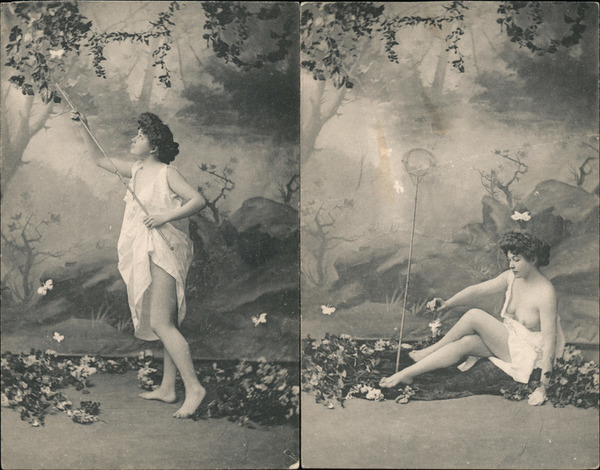 Set of 2: Woman in nightgown catching butterflies Risque & Nude