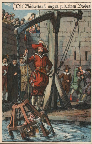 Man being dunked in iron cage in water as punishment. Die backertaufe wegen zu kleinen brodes. Germany
