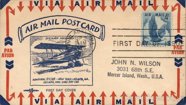 Air Mail post card. Pitcairn Mailwing Inaugrual 5/1/28 New York to Atlanta, GA.