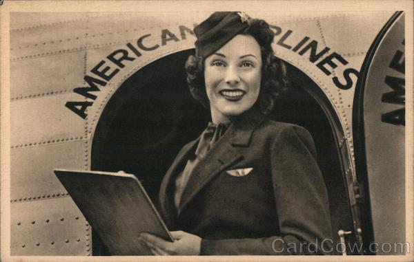 American Airlines stewardess standing in doorway of plane.
