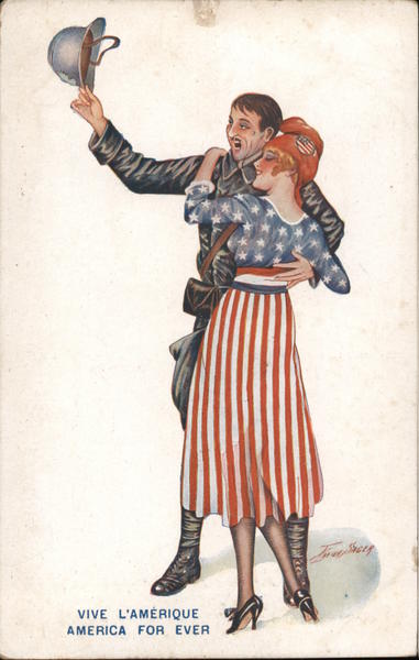 Vive L'Amerique America for Ever. Girl in Flag Dress dancing with soldier.