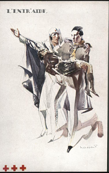 Red Cross nurse directing man carrying injured child.