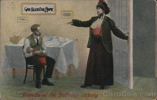 Results of the Suffrage Victory. Man caring for infant and cooking as wife leaves for work.